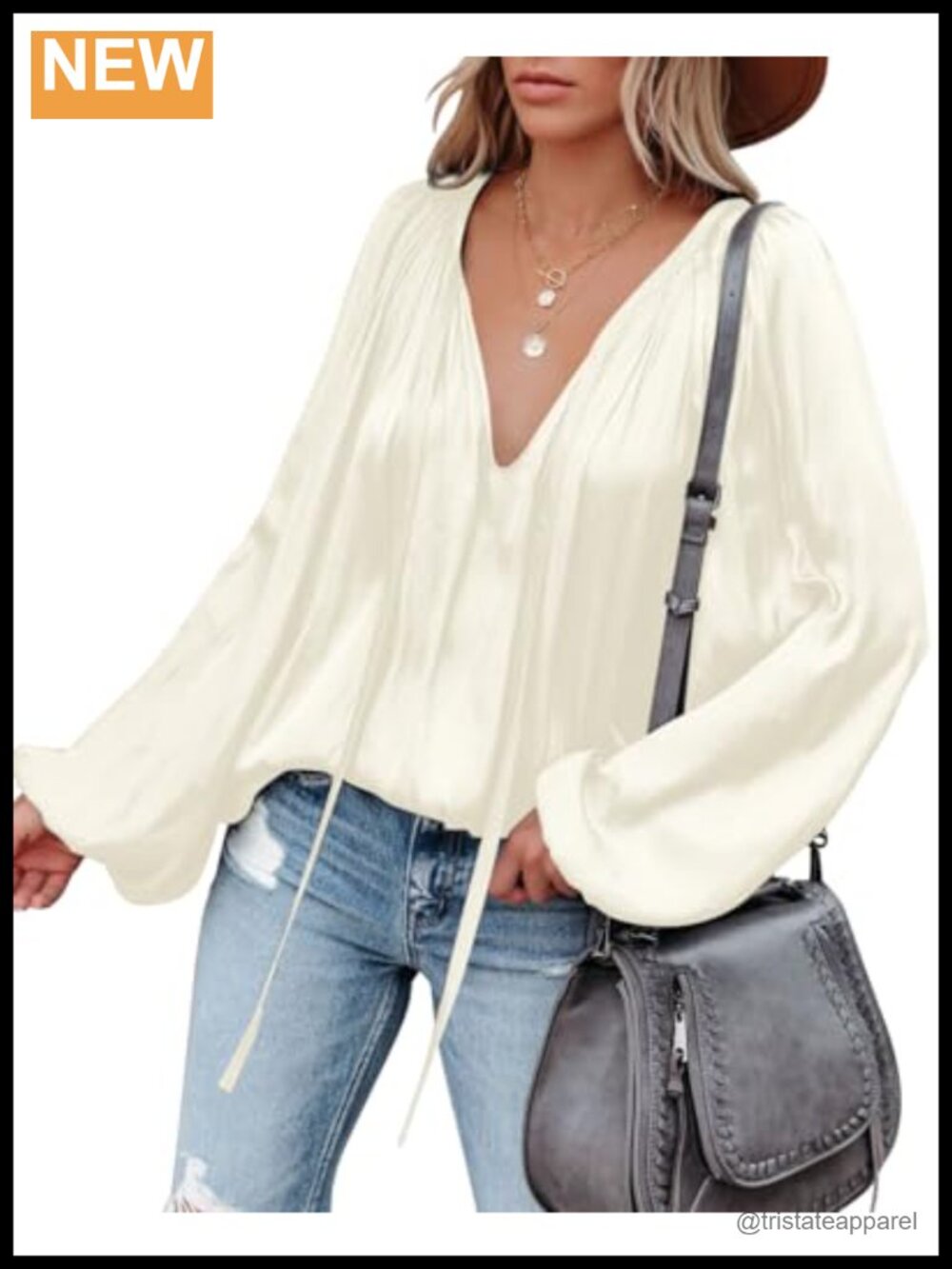 Womens Deep V Neck Satin Blouse Bell Long Sleeve Pleated Flowy Tunic Top